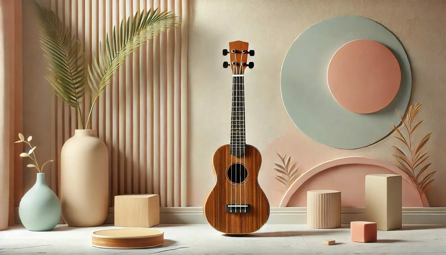 2024 07 03 17 53 33 a realistic ukulele placed on an aesthetic background the background features a stylish minimalistic design with soft pastel colors and subtle textu