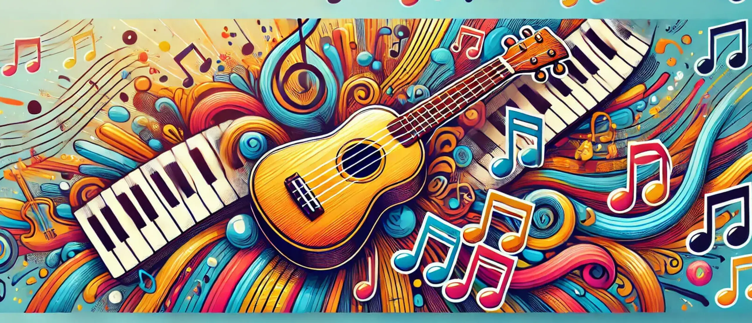2024 07 03 17 55 39 a wide banner featuring a ukulele with musical notes around it the background is vibrant and colorful with elements that emphasize music and creativ