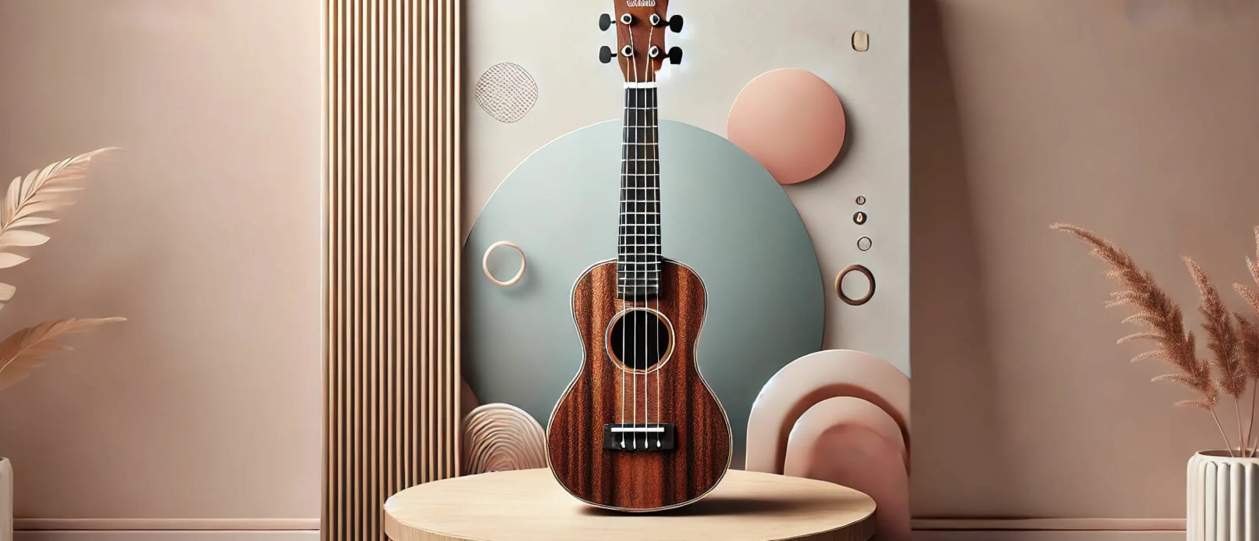 2024 07 03 17 56 37 a wide banner showcasing a ukulele in an aesthetically pleasing manner the background features a minimalistic design with soft pastel colors and eleg