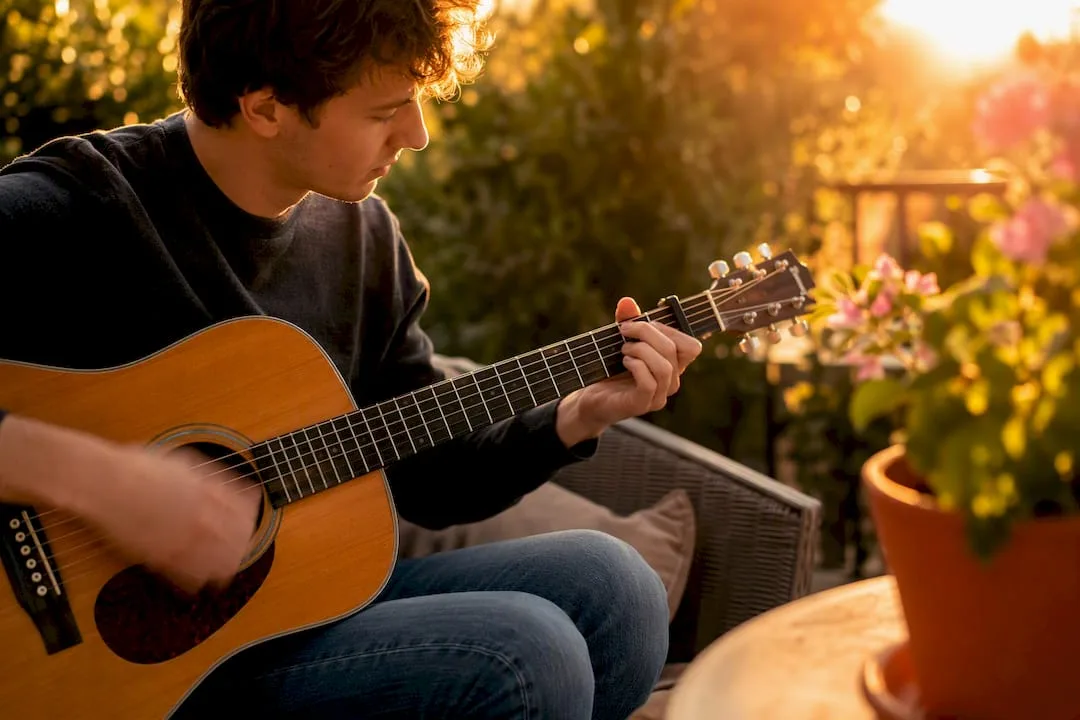 Gitarist speelt akkoorden met een capo op de gitaarhals