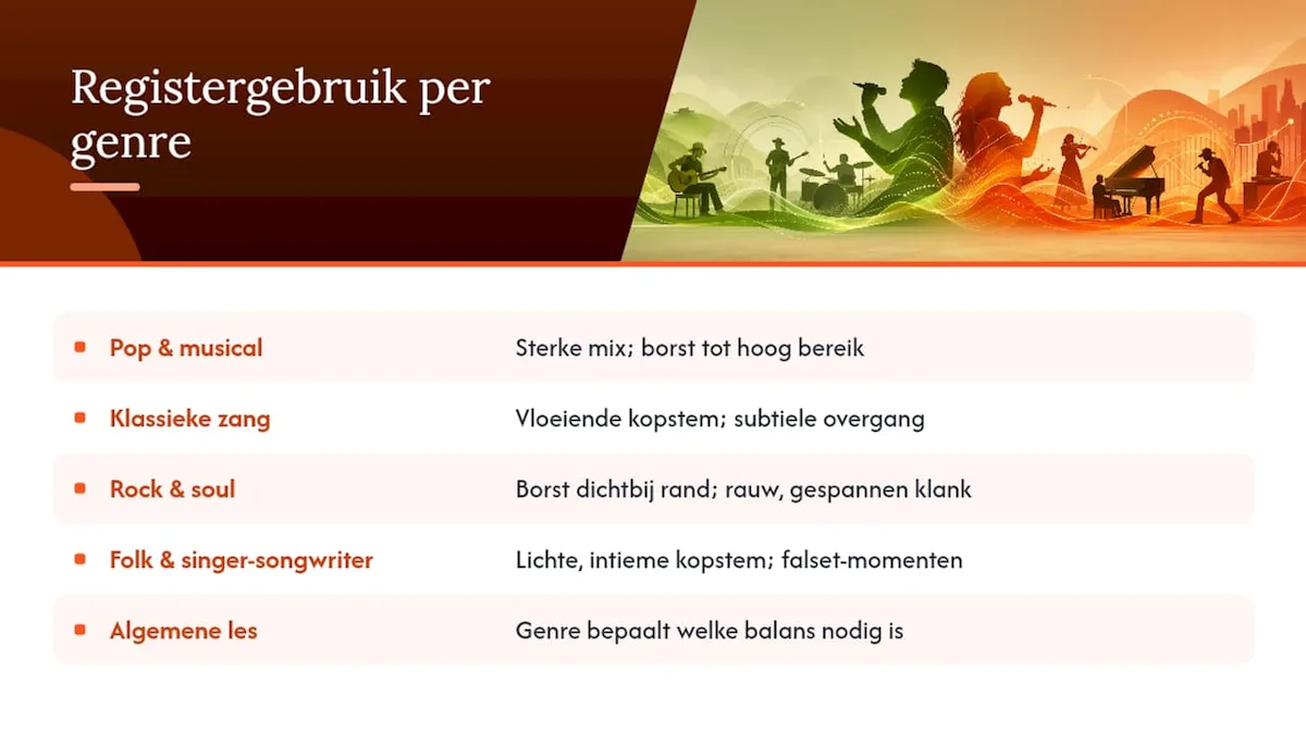 Overzicht van registergebruik per genre: pop en musical, klassiek, rock en soul, folk en singer-songwriter