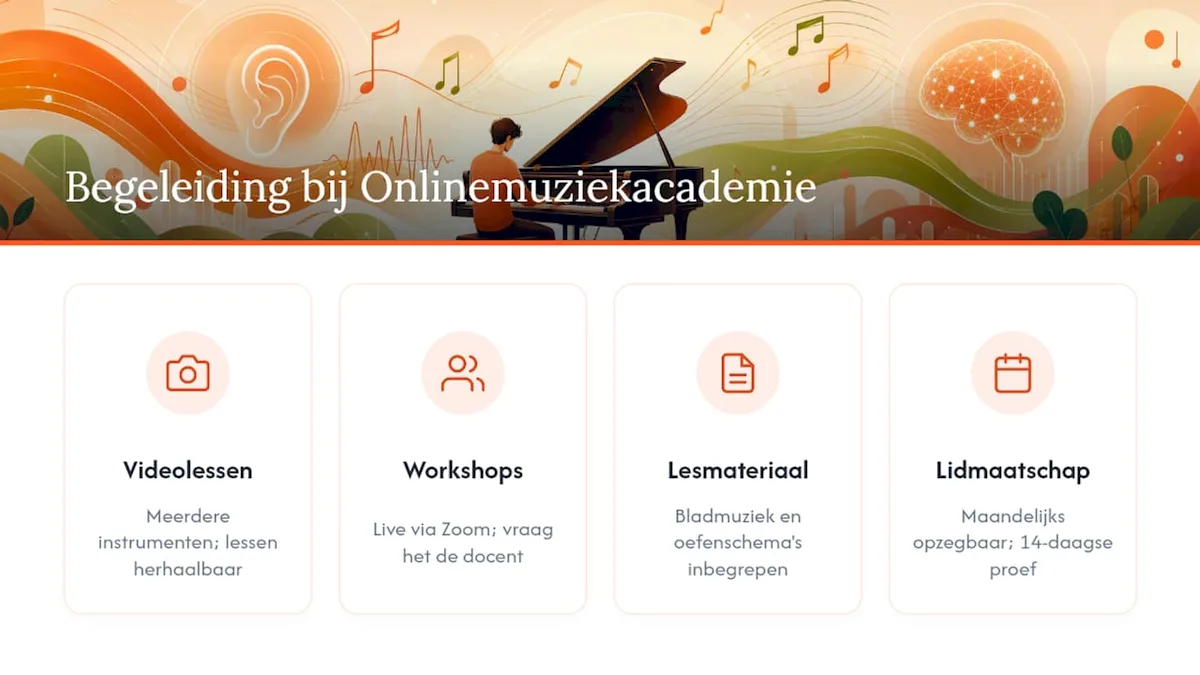 Overzicht van onze begeleiding: videolessen, live workshops, lesmateriaal en een maandelijks opzegbaar lidmaatschap