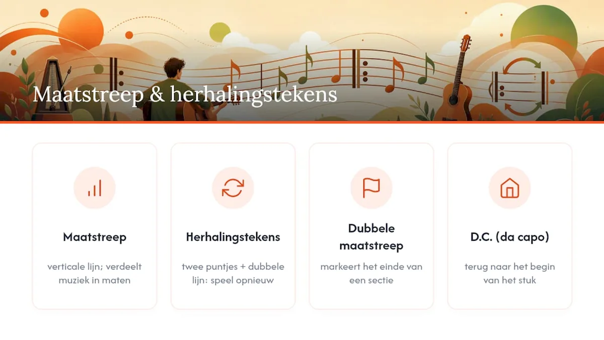 Maatstreep, herhalingsteken, dubbele maatstreep en da capo in bladmuziek