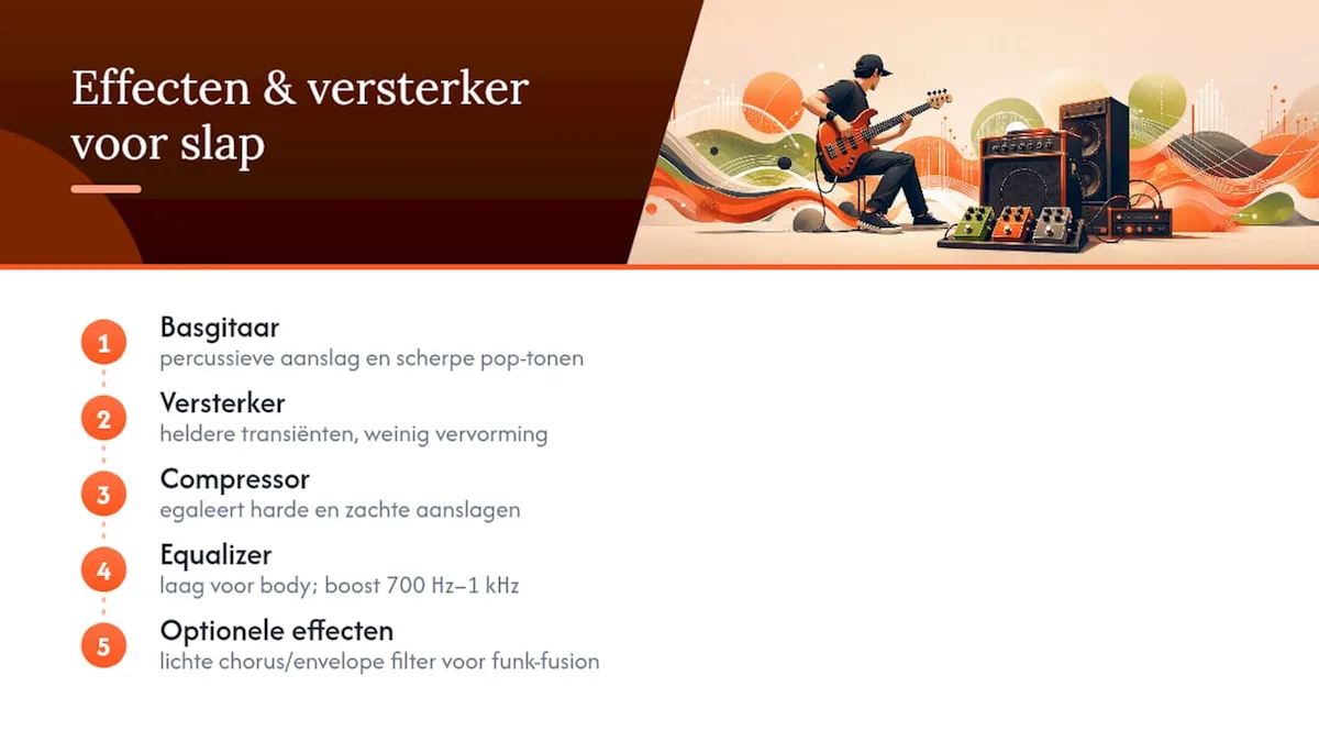 Schema van een basversterker en effectensetup voor de slap-techniek