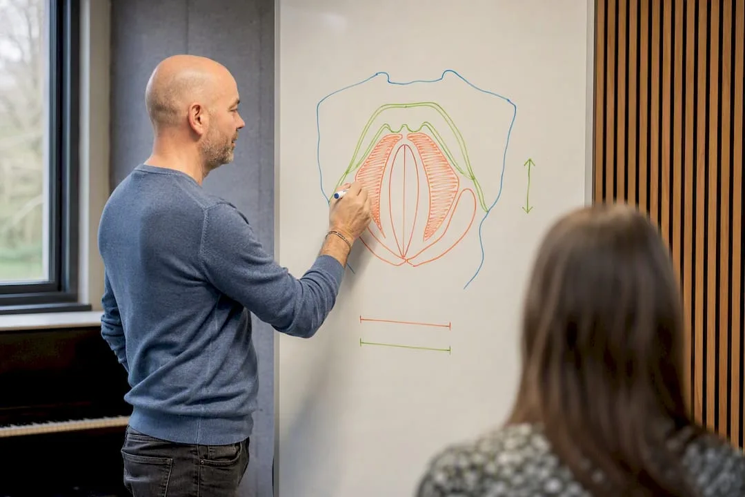 Zangdocent tekent de stembanden op een whiteboard tijdens een zangles