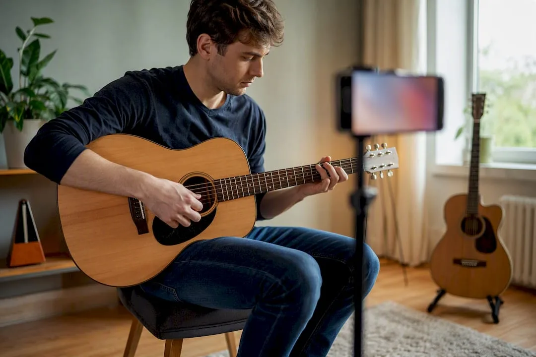 Gitarist neemt oefenpatroon op met zijn telefoon