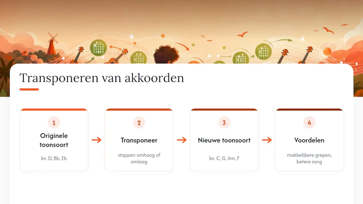 Diagram met voorbeelden van het transponeren van ukelele-akkoorden