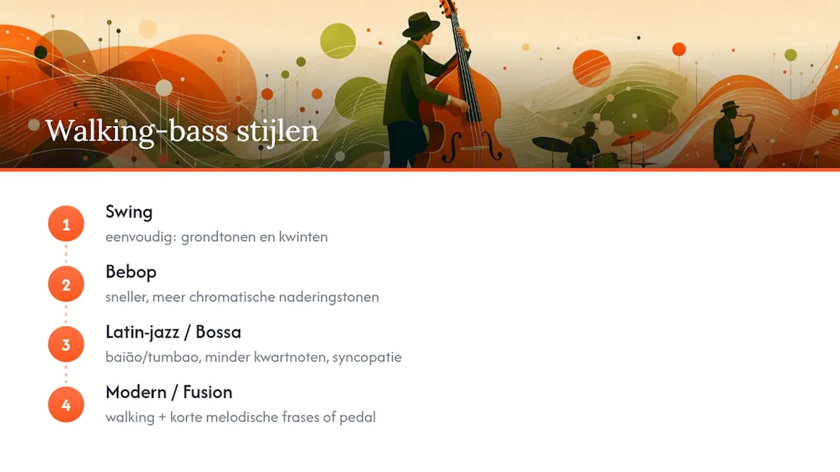 Overzicht van walking bass-stijlen: swing, bebop, latin-jazz en modern