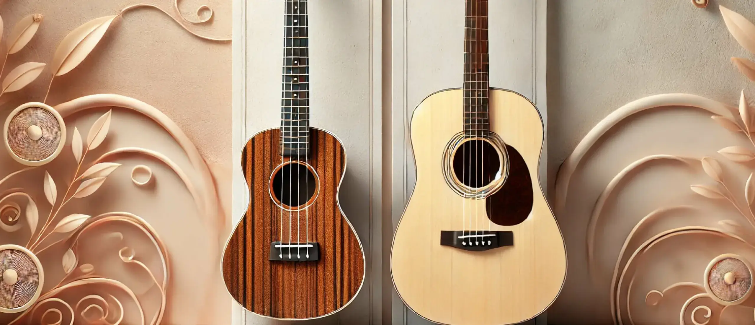 Dalle 2024 07 03 17 57 35 a wide banner featuring a comparison between a ukulele and a guitar shown in an aesthetically pleasing manner the background is stylish with soft pa