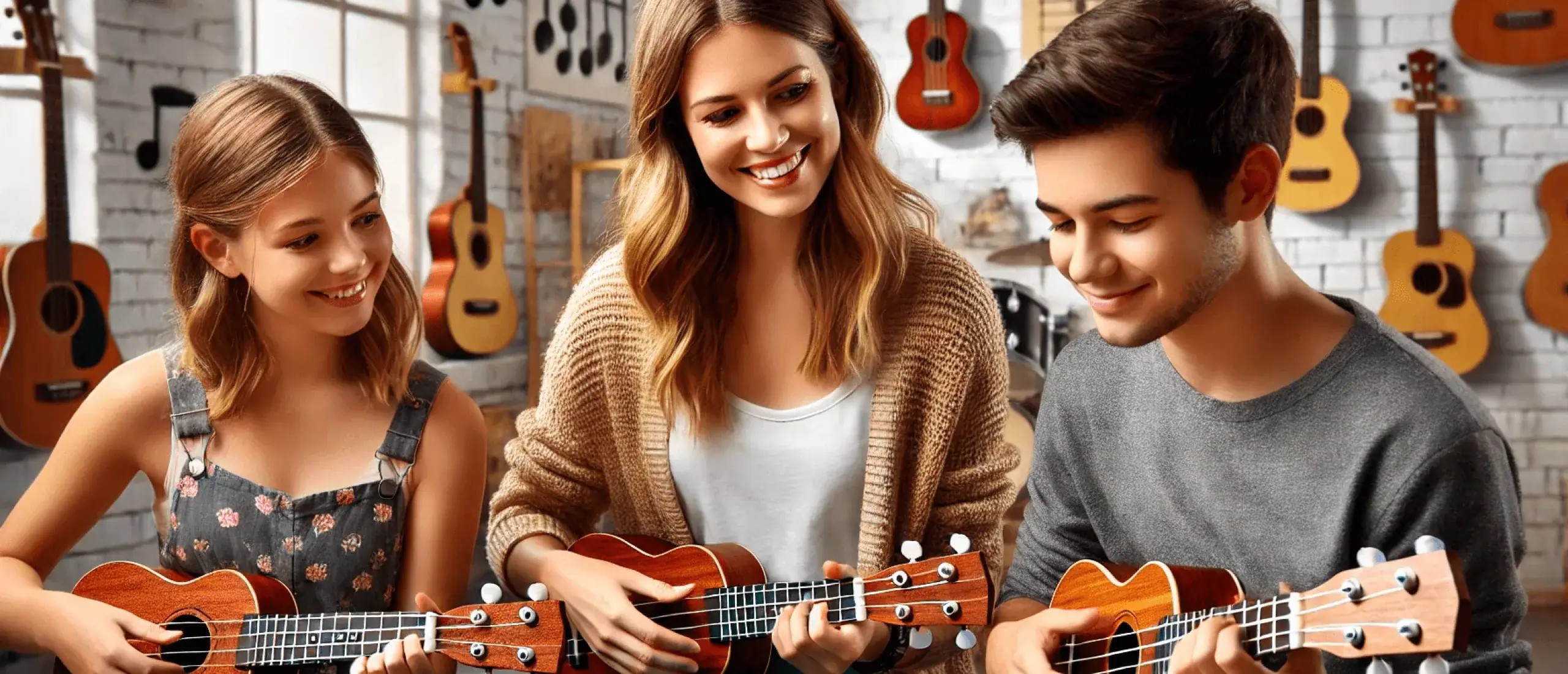 Dalle 2024 07 25 20 39 29 a wide banner featuring a ukulele teacher showing two adults or teenagers how to play the instrument the teacher a woman with a warm smile is holdi