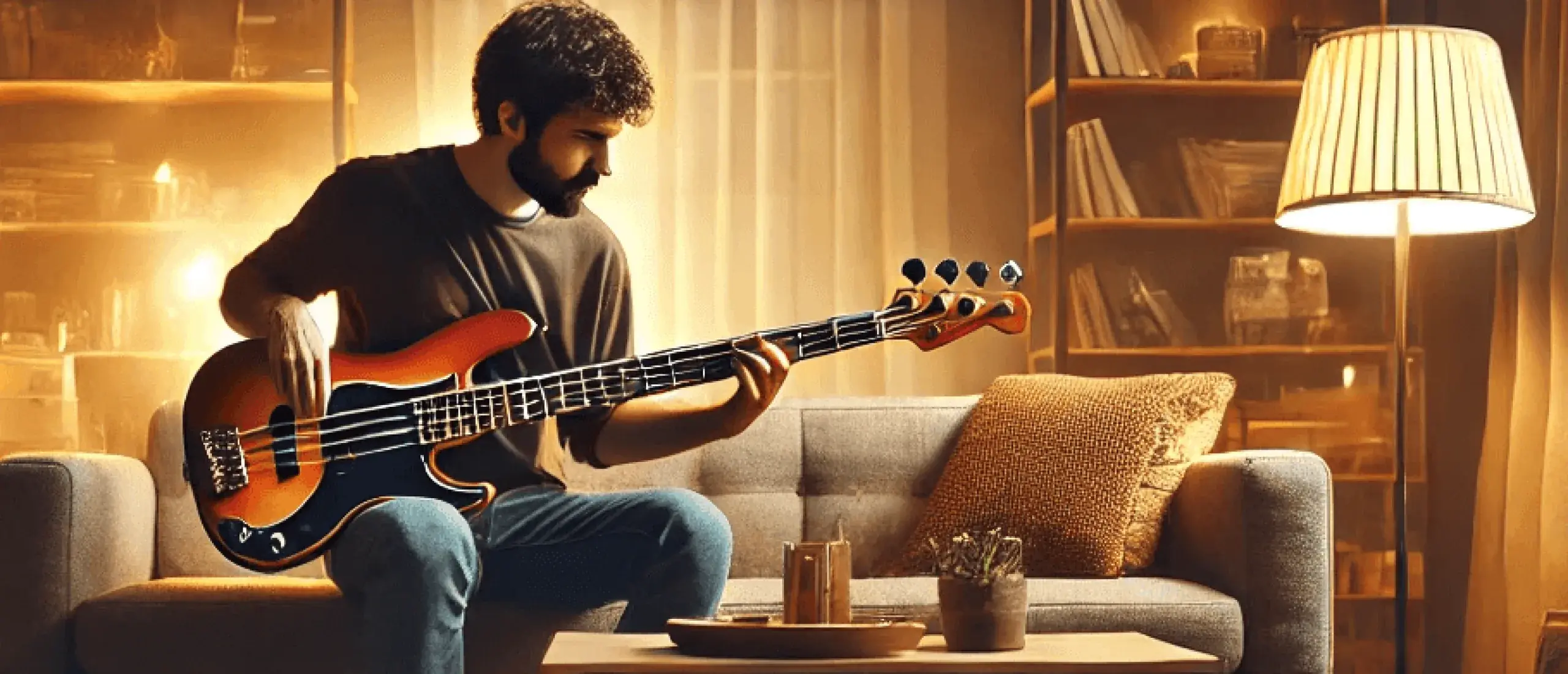 Dalle 2024 07 30 02 06 52 a wide banner showing a bass guitarist playing in a cozy living room the musician is seated on a comfortable couch surrounded by warm inviting deco