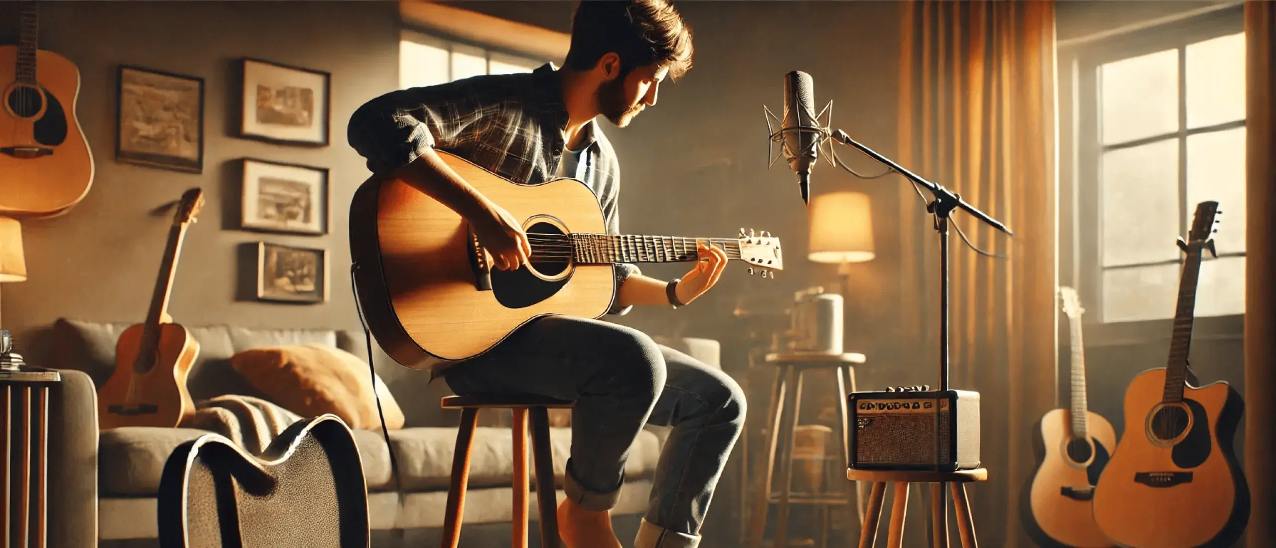 Dalle 2024 08 07 01 05 29 a realistic scene of an acoustic guitar player performing the musician is seated on a stool strumming a wooden acoustic guitar with visible strings