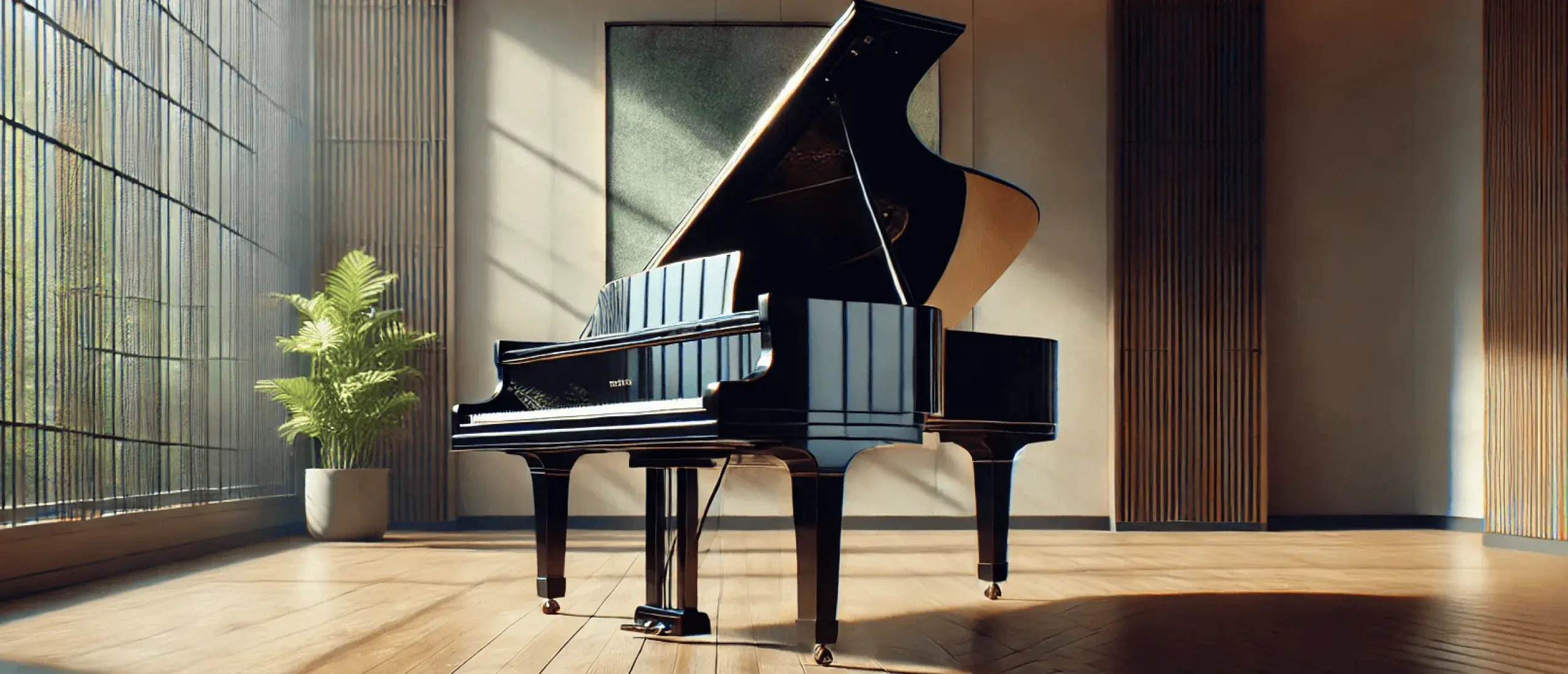 Dalle 2024 08 09 19 55 45 a highly realistic wide banner showcasing a grand piano in a serene well lit modern room the piano is a glossy black with detailed reflections on i