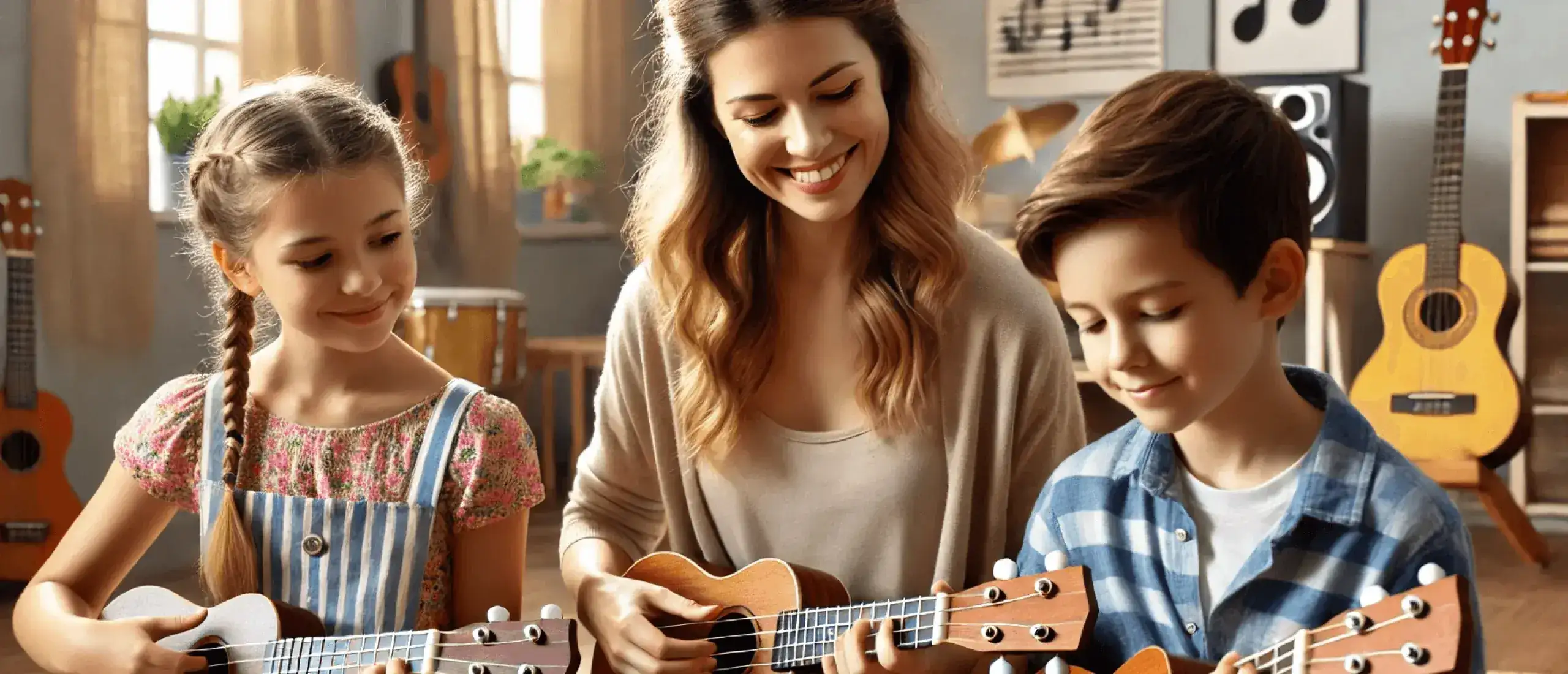Dalle 2024 07 25 20 38 41 a wide banner featuring a ukulele teacher showing two of her students how to play the